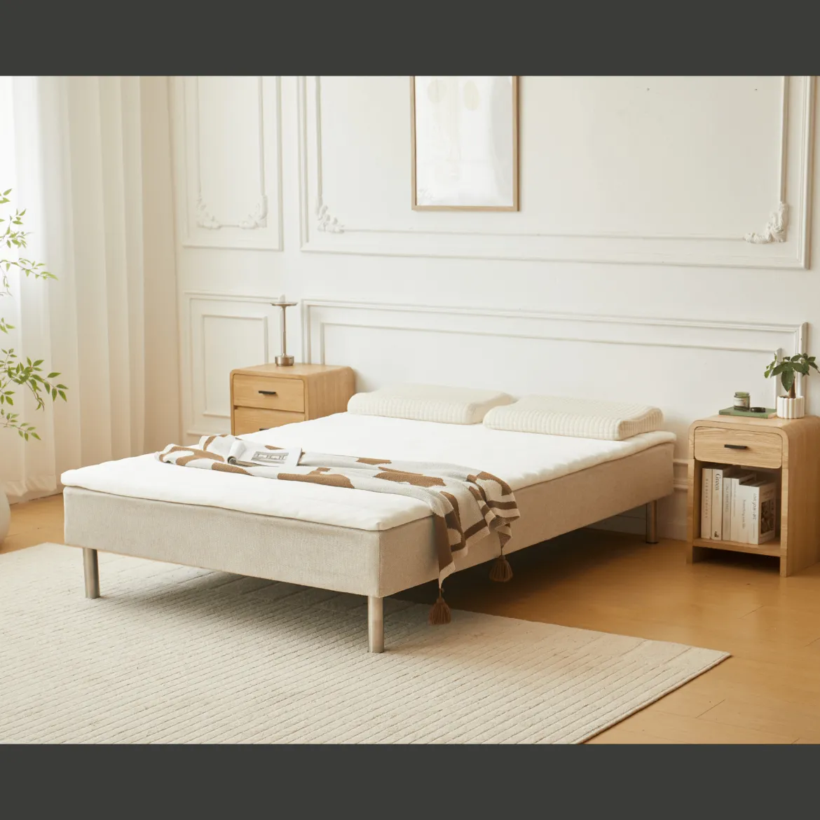 Boxmadras seng i beige 140x200 cm med 4 cm topmadras i PU-skum ekskl. ben
