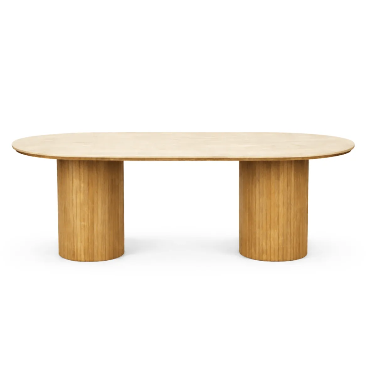 Enzo ovalt spisebord med stenbordplade i beige og lamelfod i eg 220x100x76 cm