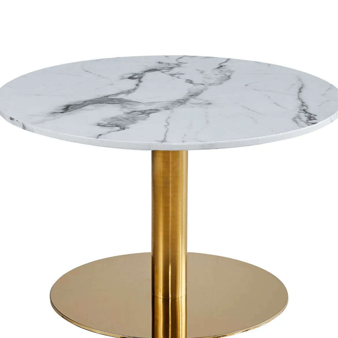 Lazio rundt sofabord i hvid marmor look med guld/messing ben Ø70 cm