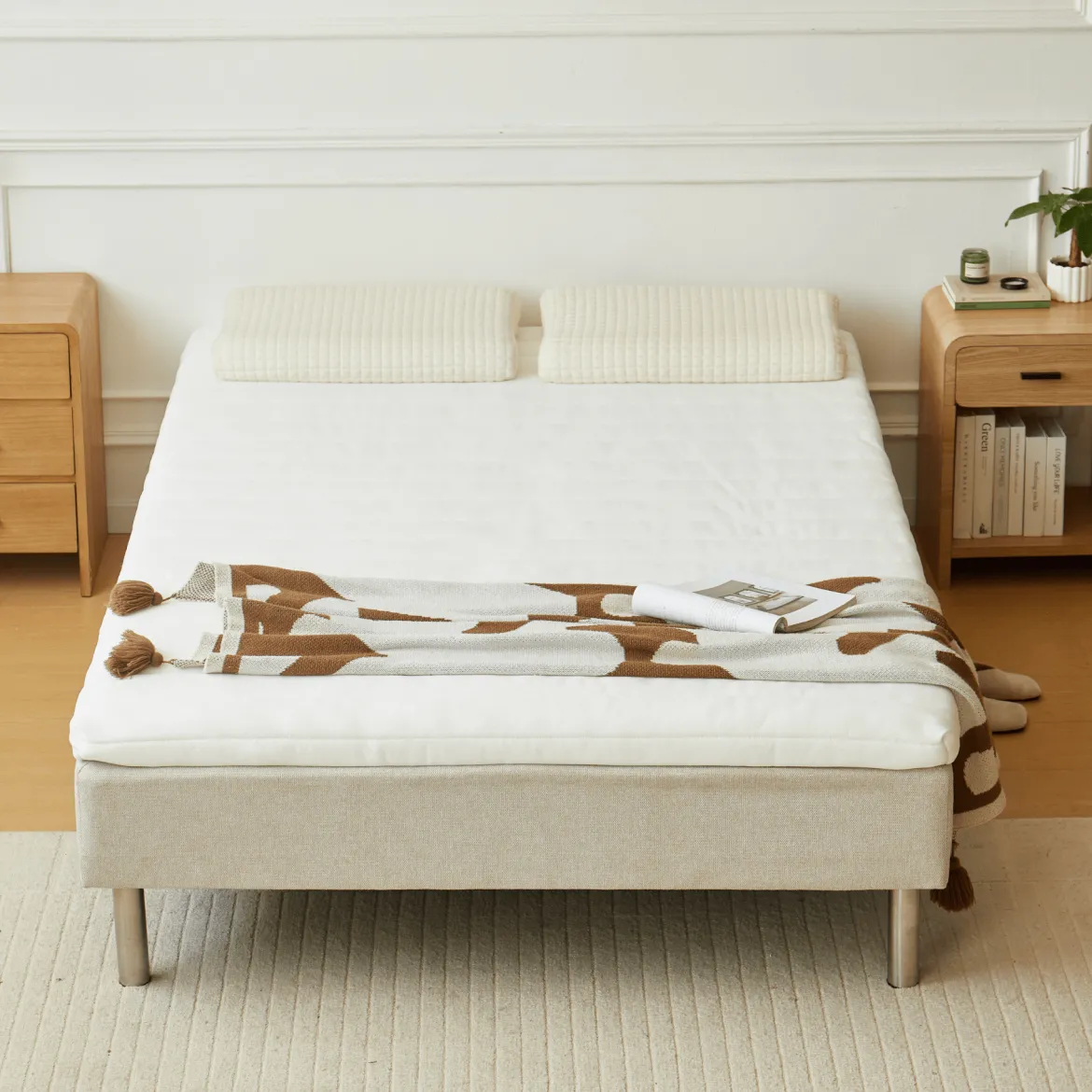 Premium boxmadras seng i beige 140x200 cm med 7 cm topmadras i memoryskum ekskl. ben