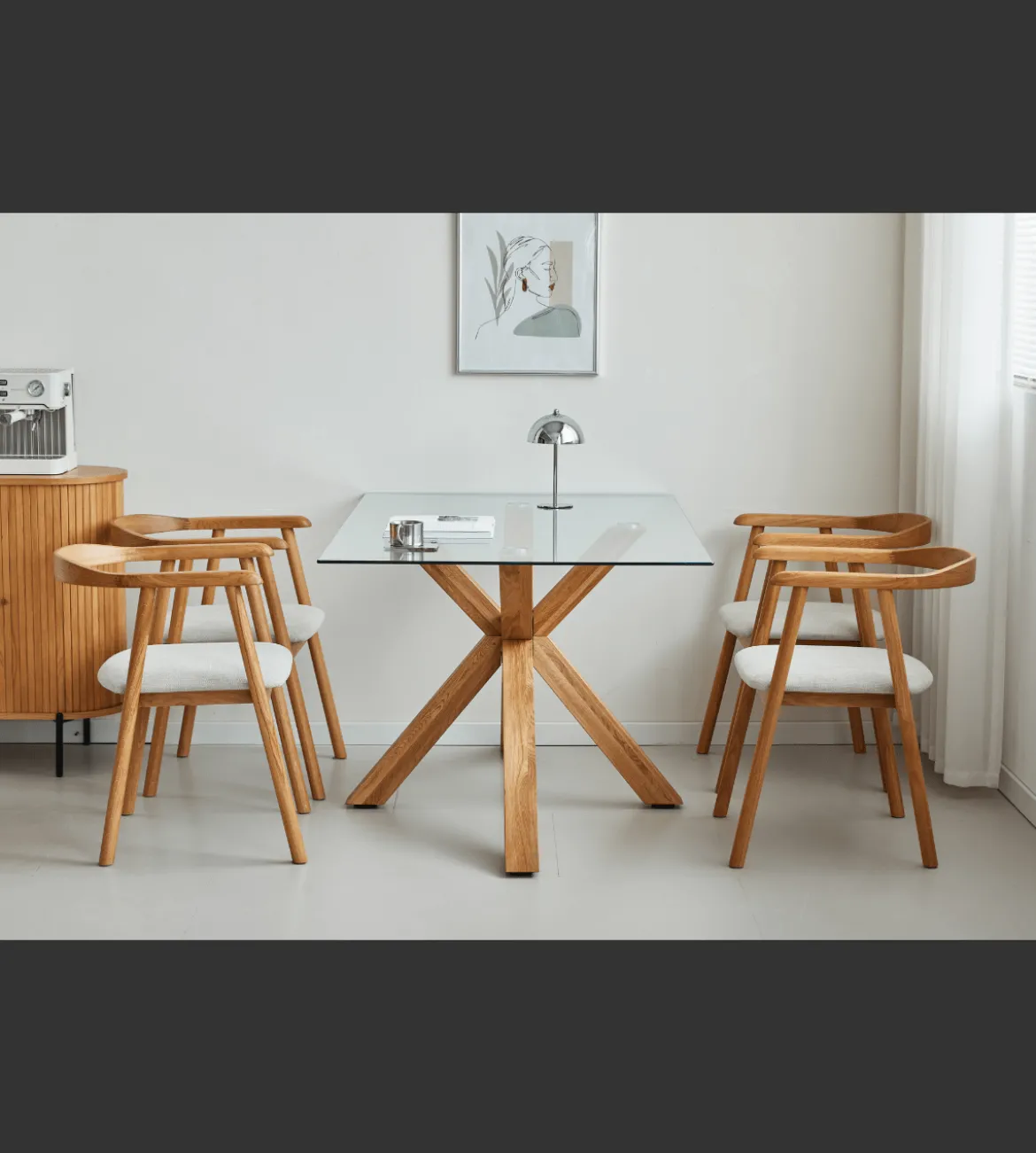 Sidney - Glas spisebord med ben i massiv egetræ 150x90 cm